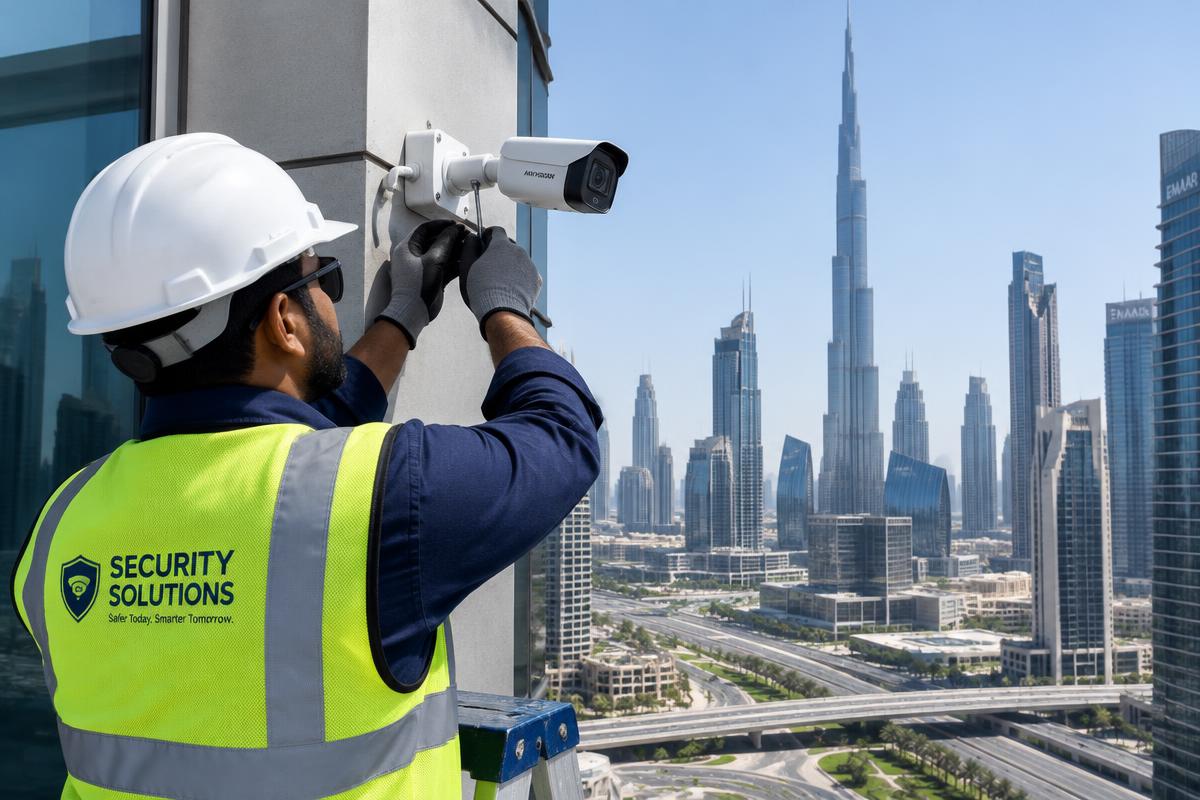Engineer installing a commercial IP CCTV camera on a Dubai business building