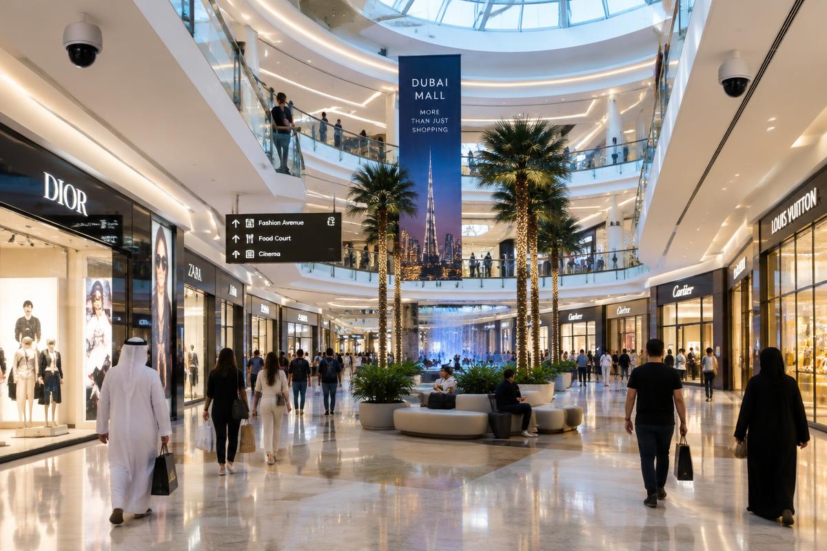 Shopping mall CCTV installation in Dubai with dome cameras over the atrium